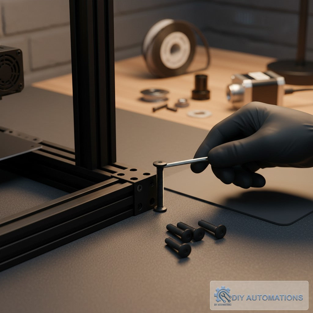 DIY Automations black M8x30 flat head counter sink screw being inserted into aluminum extrusion frame.