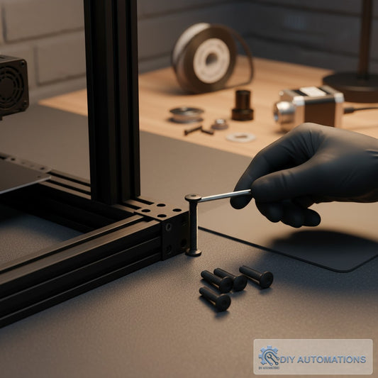 DIY Automations black M8x30 flat head counter sink screw being inserted into aluminum extrusion frame.