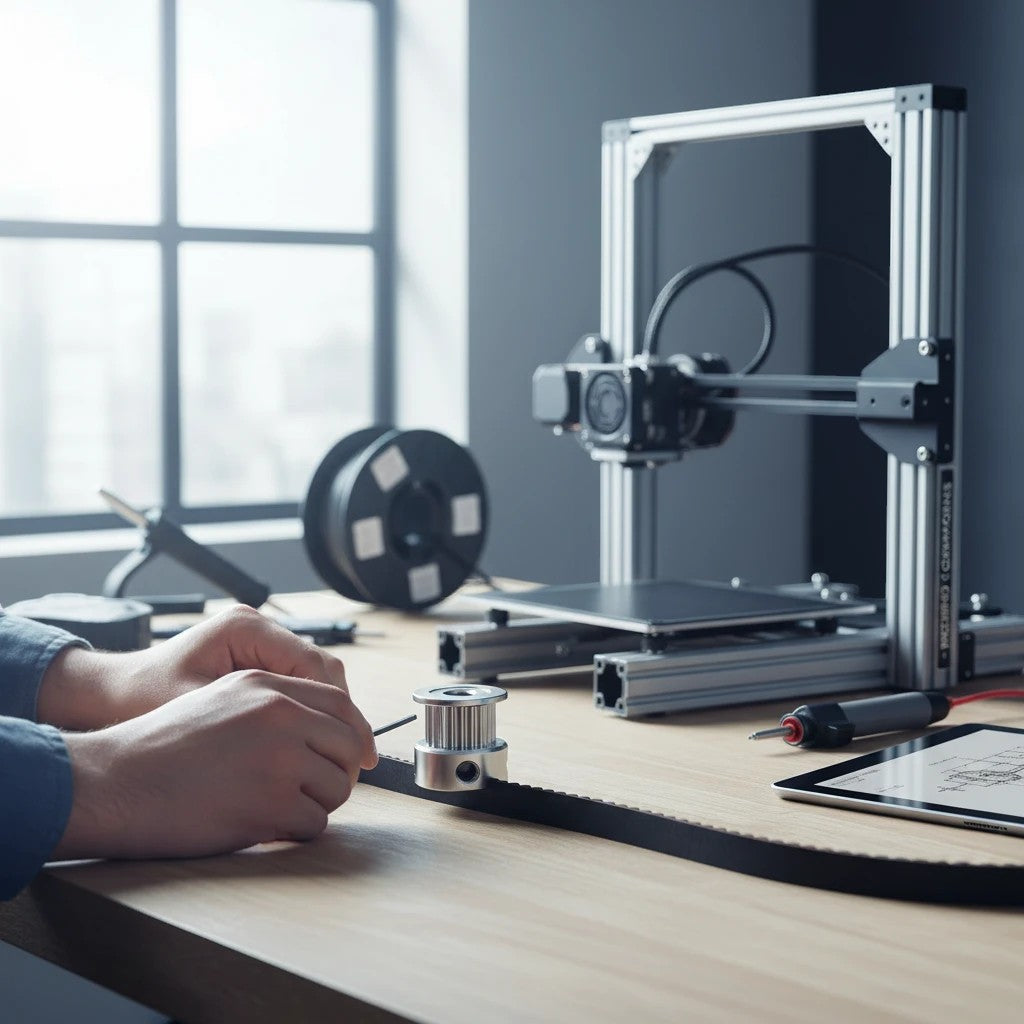 DIY AUTOMATIONS 16T aluminum timing pulley for 6mm belt being installed on a 3D printer assembly