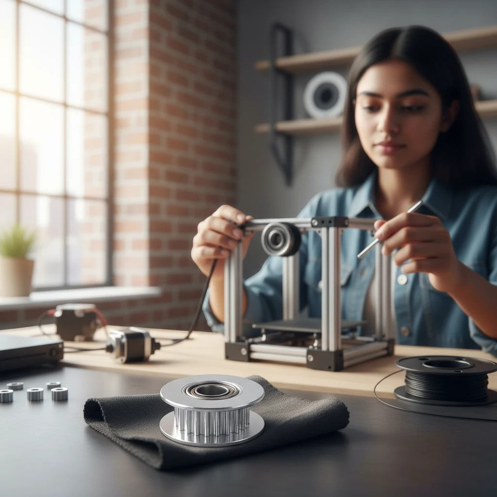 DIY AUTOMATIONS 16T aluminum idler pulley for 6mm GT2 belt on a workshop table with a 3D printer in the background