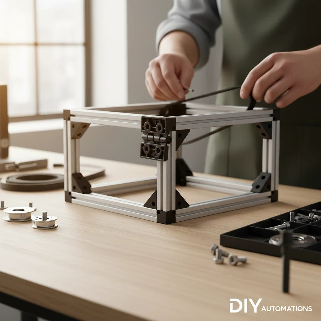 DIY AUTOMATIONS 40x40 black plastic cabinet door hinge being installed on an aluminum frame by a person at a workbench.
