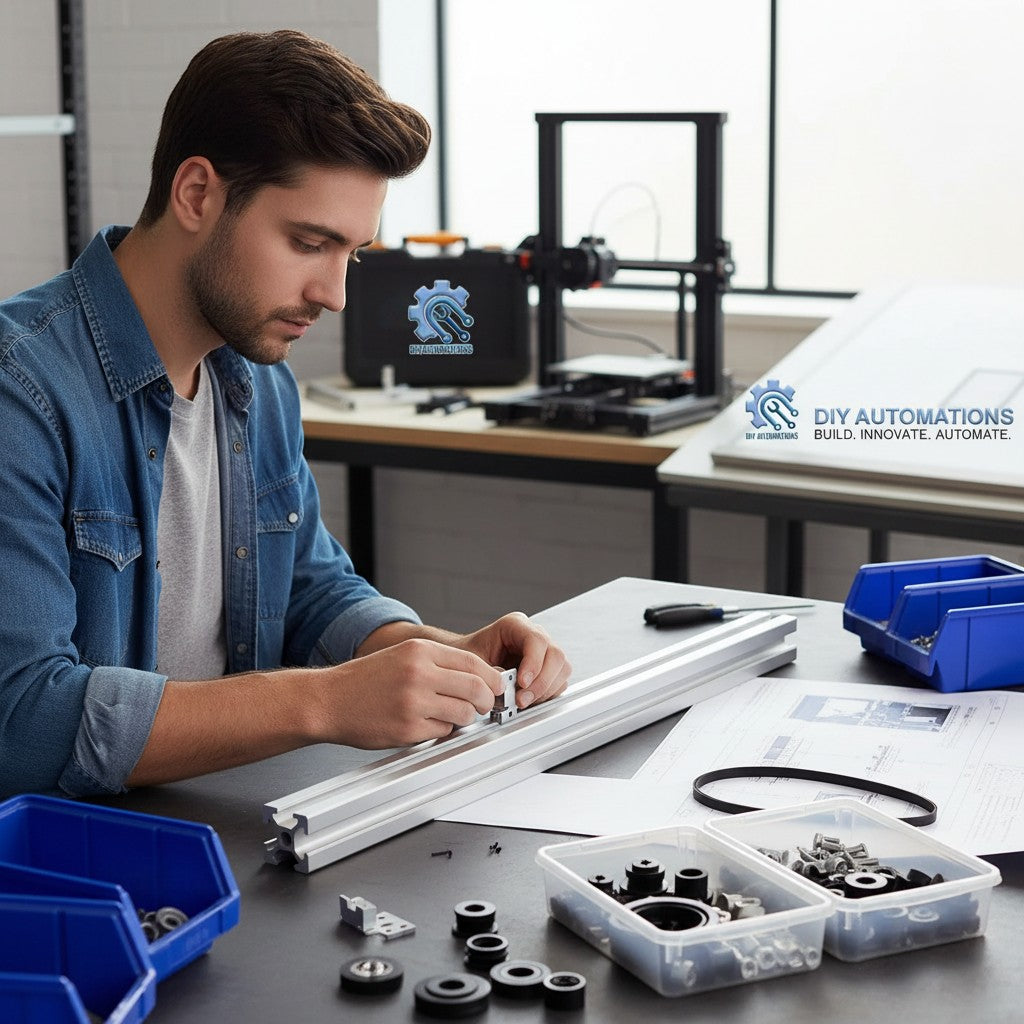 DIY Automations man assembling aluminum extrusion profile with T-slot for DIY projects. Durable anodized aluminum.
