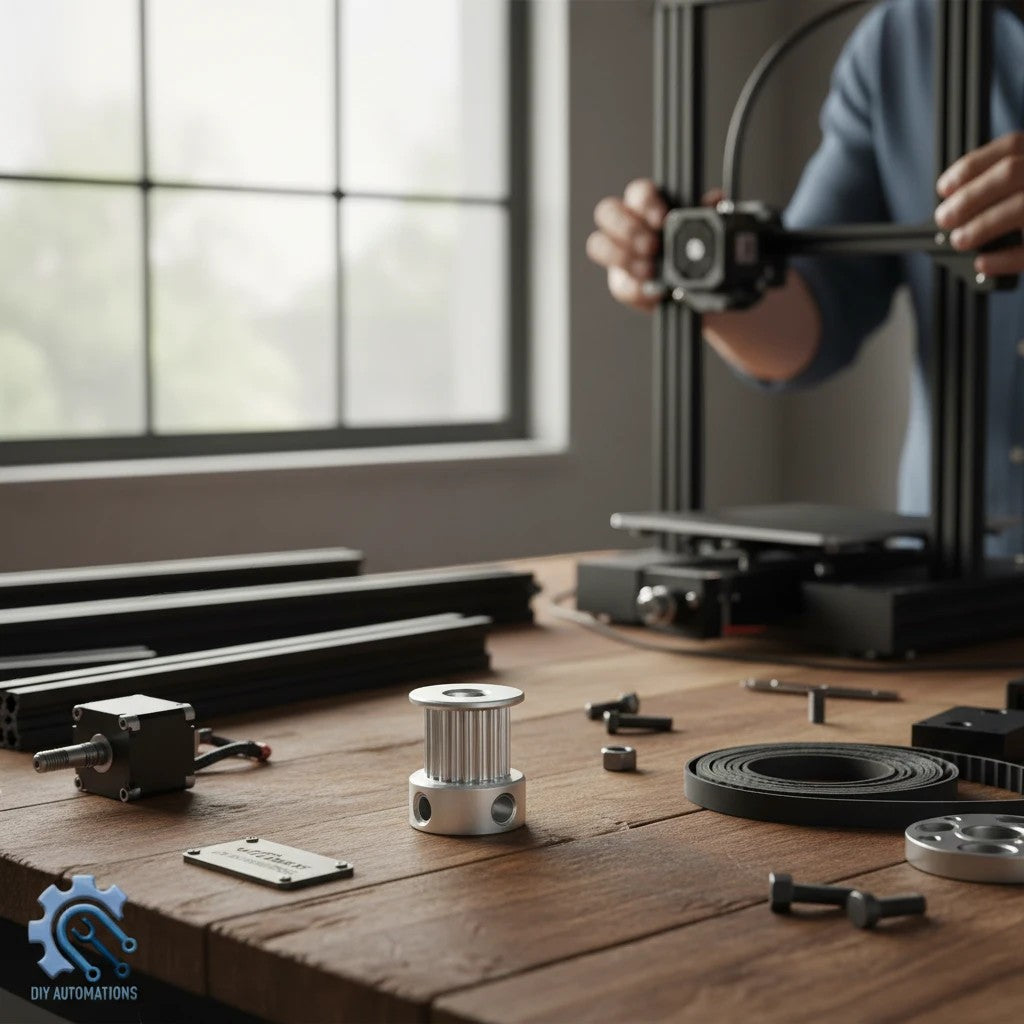 DIY AUTOMATIONS 16T aluminum timing pulley for 3D printers on a workbench with machine parts and a 3D printer frame.