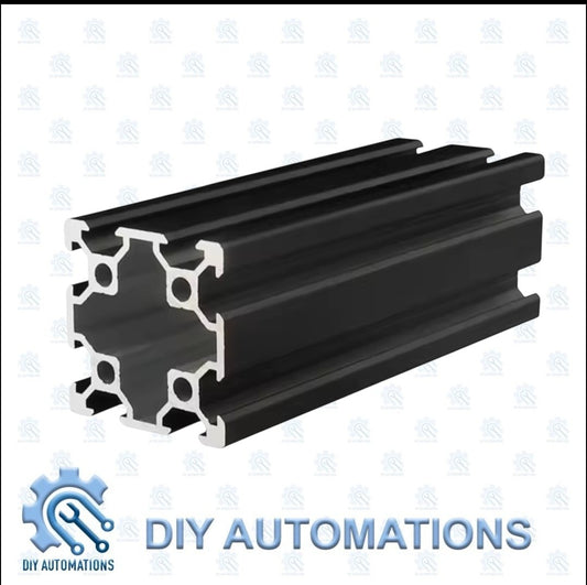 DIY Automations black anodized aluminum extrusion profile, 40x40mm with T-slots, ideal for custom frames and automation projects.