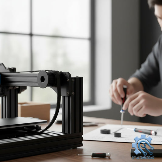 DIY Automations black aluminum timing pulley with 20 teeth for 6mm belts, used in a 3D printer build.