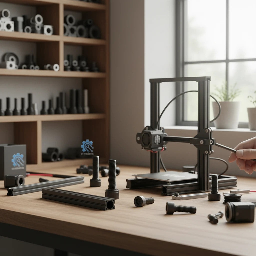 DIY AUTOMATIONS black M4x20 socket head screw on a workbench with 3D printer parts