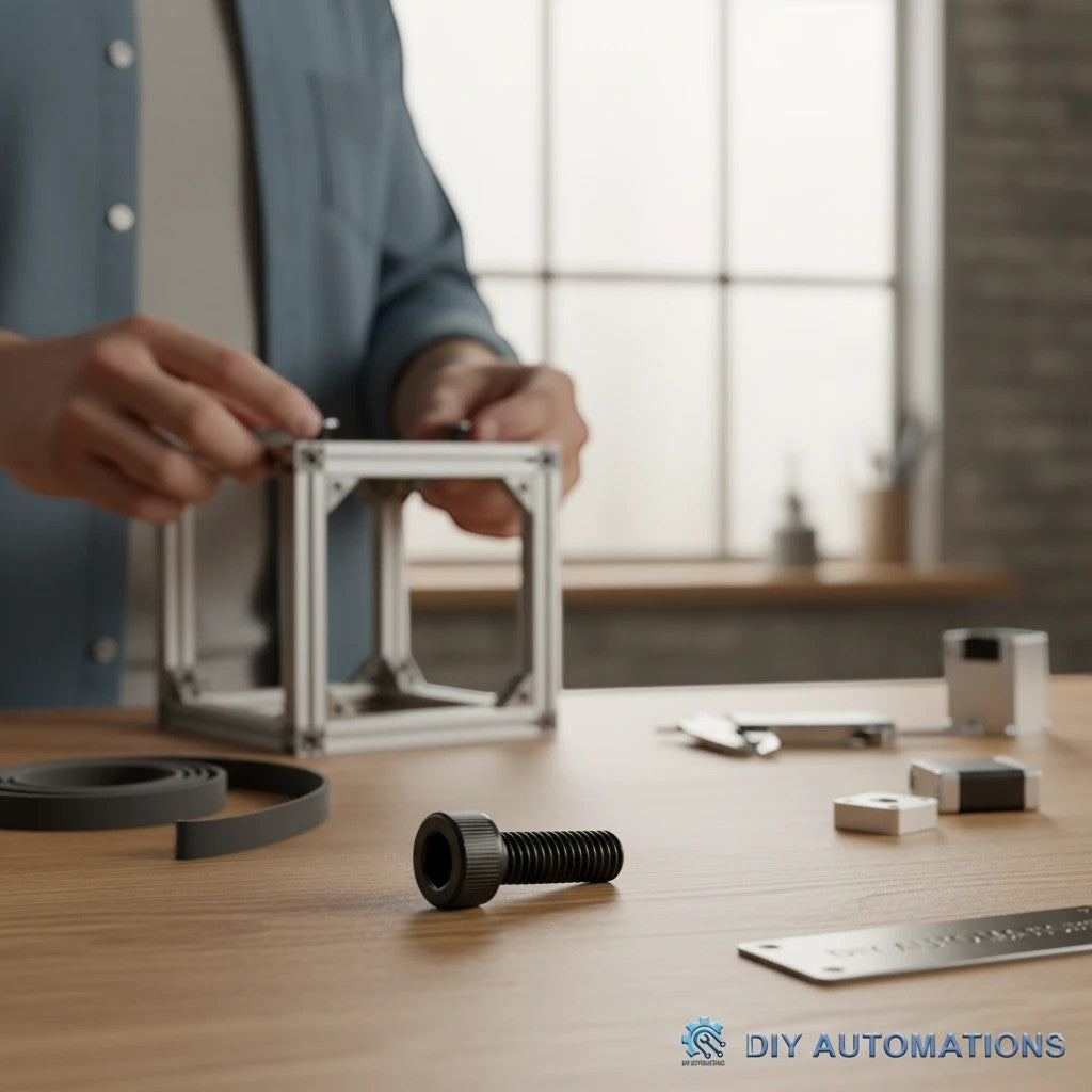 DIY AUTOMATIONS black alloy steel M4x25 socket head cap screw with knurled head on a workshop table