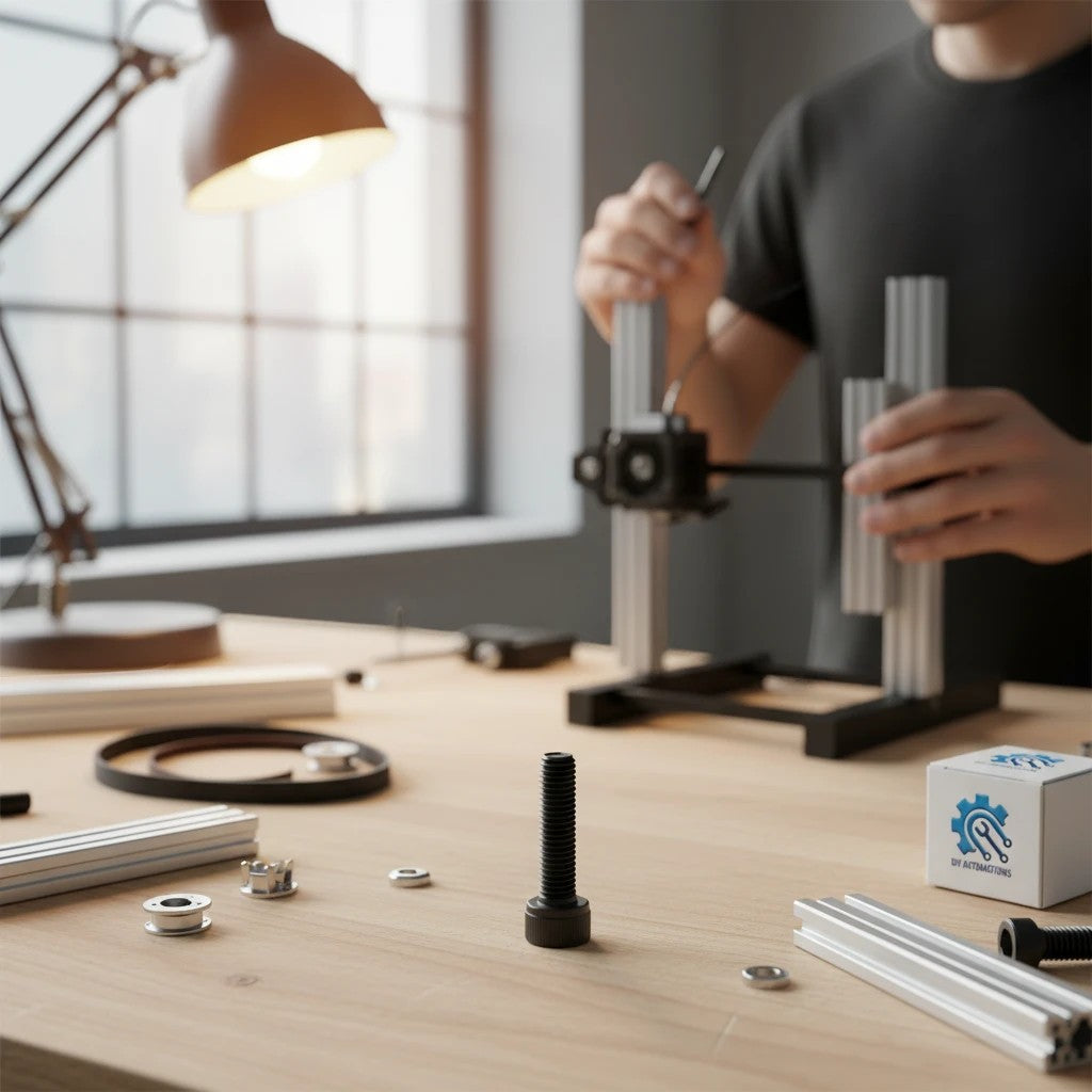 DIY AUTOMATIONS black M5x20 socket head screw on a workbench with aluminum profiles and assembly tools