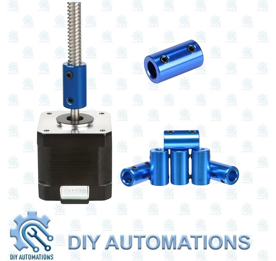 DIY Automations blue aluminum shaft coupler with set screws, connecting a lead screw to a motor.