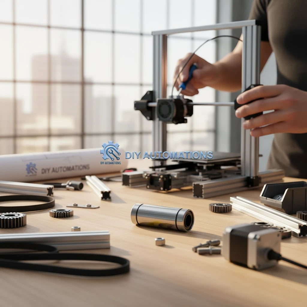 DIY AUTOMATIONS LM08 LUU linear motion ball bearing on a workbench with 3D printer parts and assembly tools.