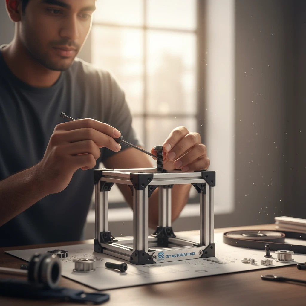 DIY AUTOMATIONS M4x8 black button head socket cap screw being installed into a metal frame by a person