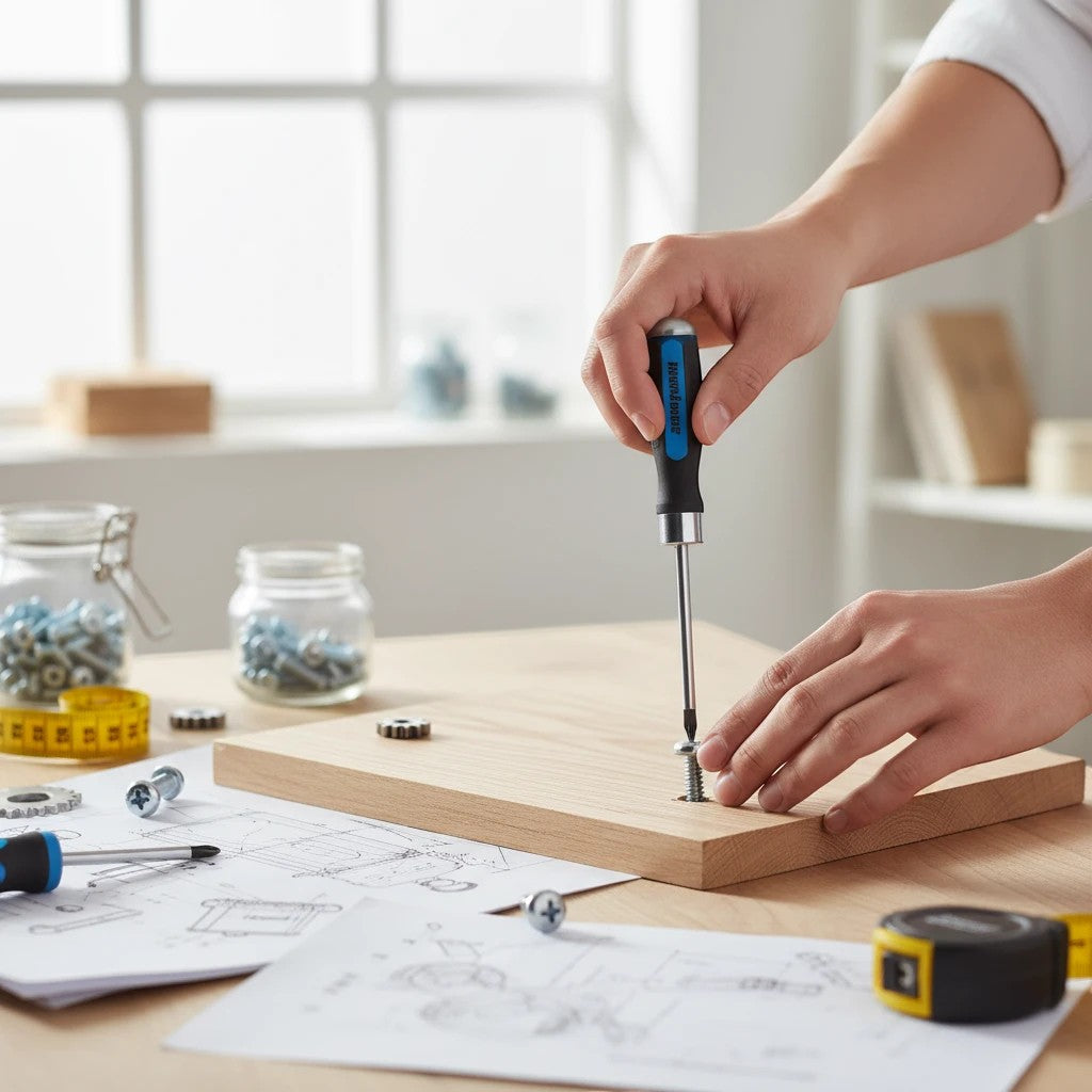 DIY AUTOMATIONS M5x15 Phillips machine screw being installed into wood with a screwdriver on a workshop desk.