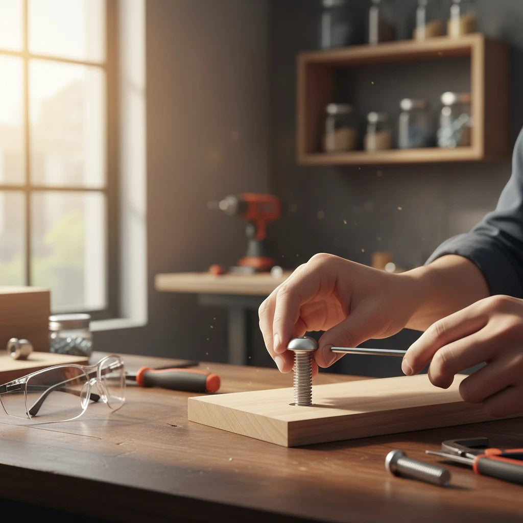 DIY AUTOMATIONS M5x18 stainless steel button head socket cap screw being installed into wood with a hex tool