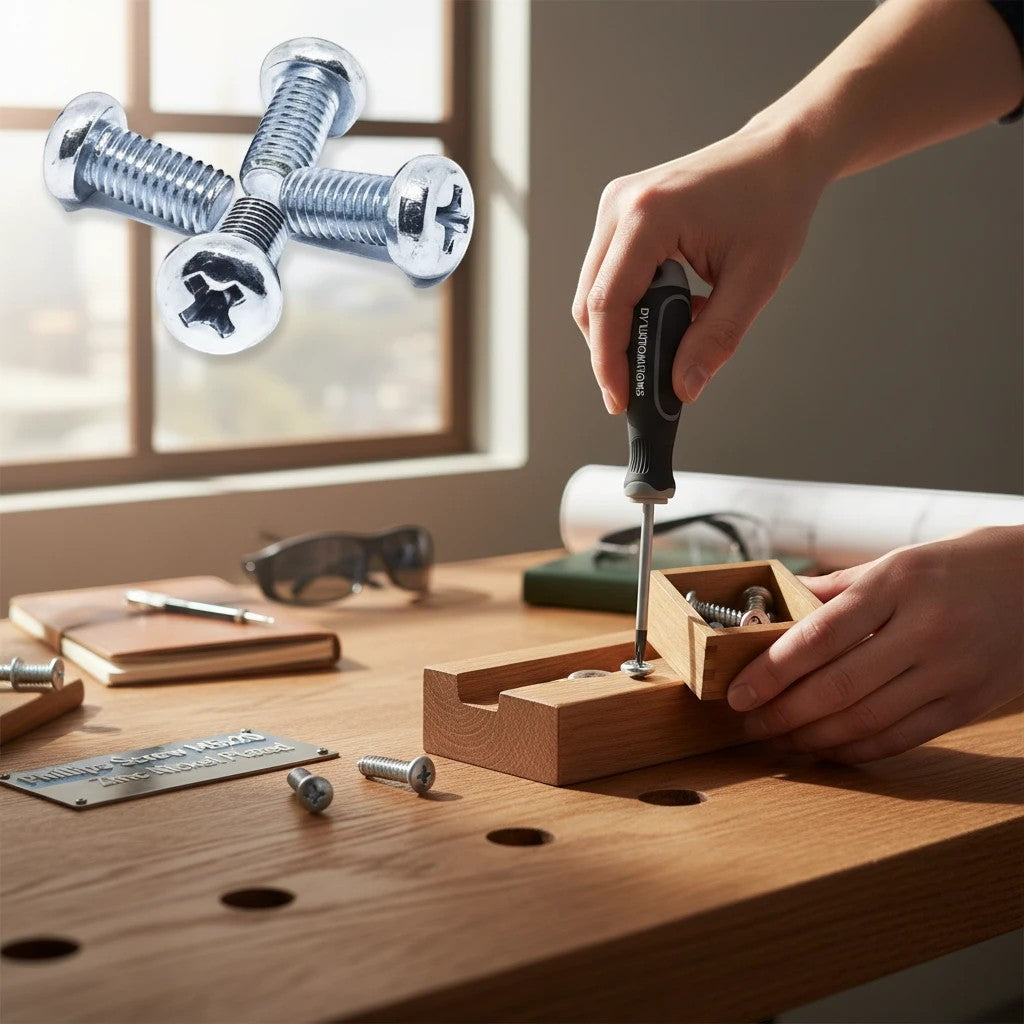 DIY AUTOMATIONS M5x20 Phillips machine screws with zinc-nickel plating being installed into wood on a workbench.
