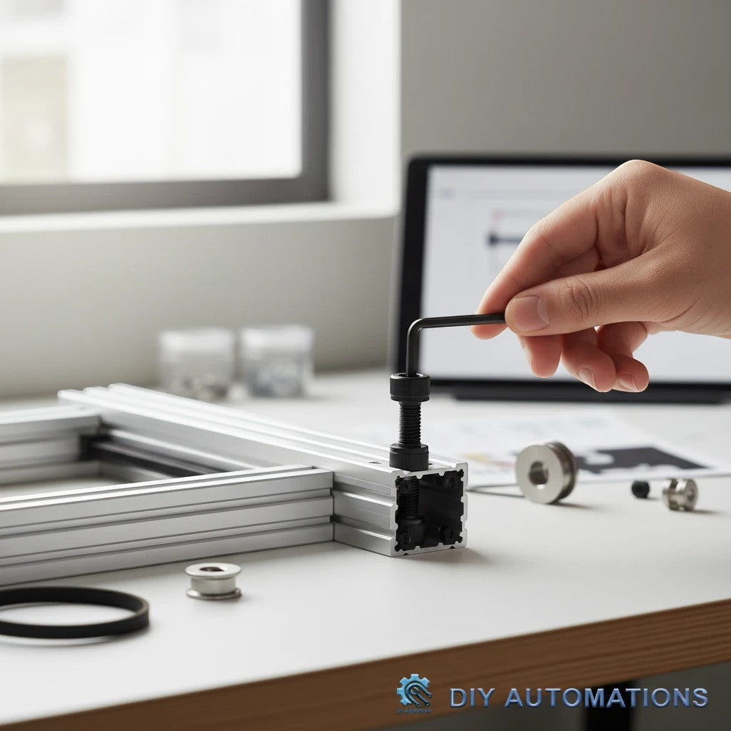 DIY AUTOMATIONS black M5x8 socket head screw being tightened into aluminum extrusion profile with an Allen key.