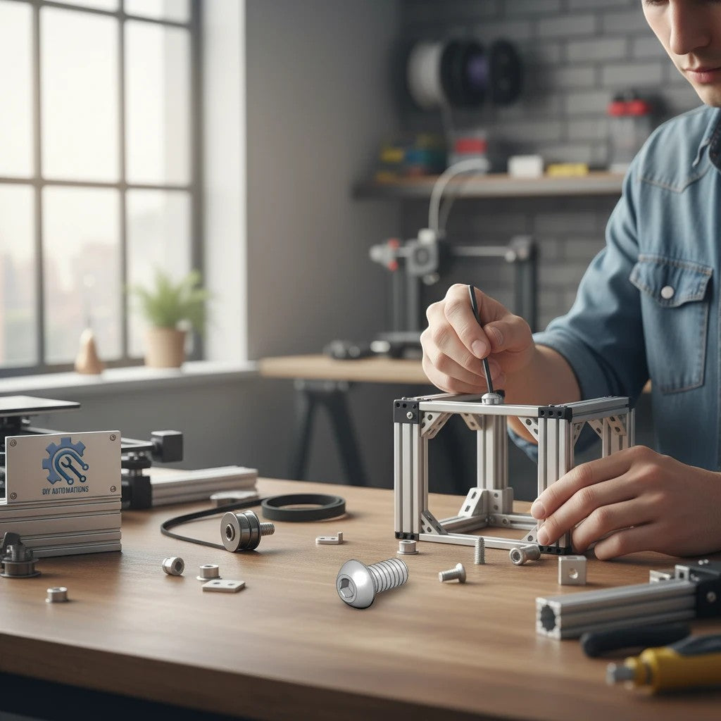 DIY AUTOMATIONS M6x8 stainless steel button head socket cap screw on a workshop table with a person assembling parts.