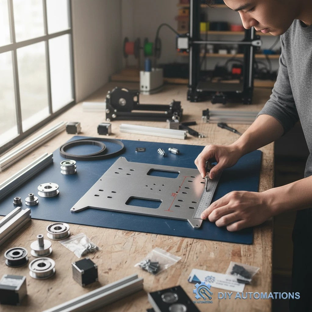 DIY AUTOMATIONS 200mm metal carriage plate being measured by a technician for a custom robotics project.