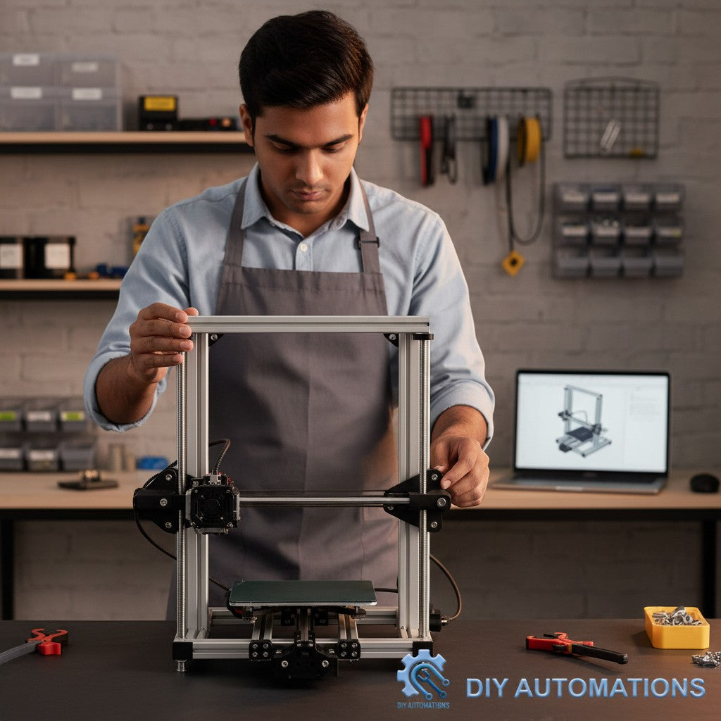 DIY Automations man assembling a 3D printer with a 16x1000mm round metal rod.