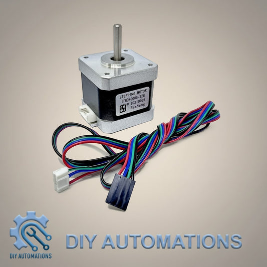 DIY AUTOMATIONS Nema 17 stepper motor with 42x40mm dimensions and 1.5A current rating, featuring a silver metal casing and black body with multi-colored wires.