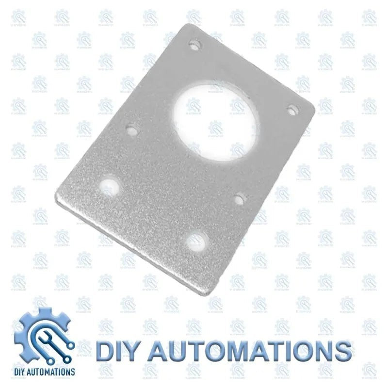 DIY Automations silver straight stepper motor mounting bracket with screw holes.