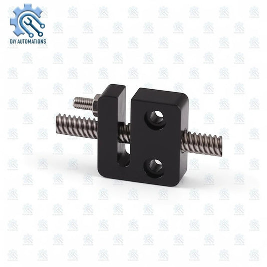 DIY AUTOMATIONS black anodized aluminum T8 adjustable lead screw nut mount for 3D printers and CNC machines.