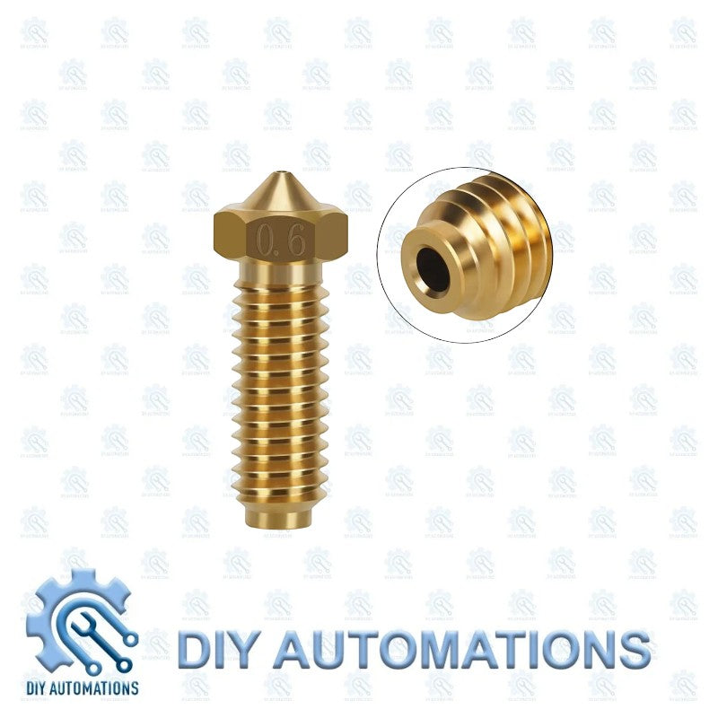 DIY Automations brass 0.6mm Volcano nozzle for 3D printer extruders, with detailed view of threaded end.
