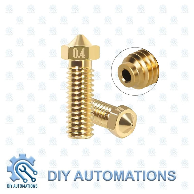 DIY Automations brass 0.4mm Volcano nozzle for 3D printer extruders. Close-up view showing threaded base and conical tip.