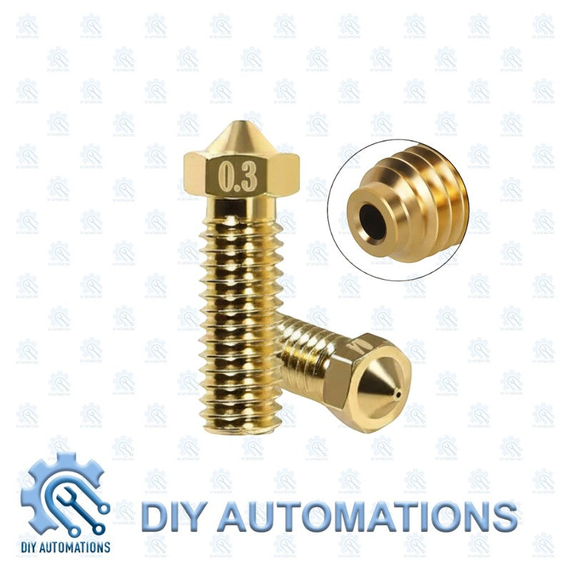 DIY Automations brass 0.3mm Volcano nozzle for 3D printer extruders. Precision machined with threaded base.