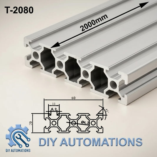 DIY Automations 2080 aluminum extrusion profile, 2000mm length, T-slot design for custom frames and 3D printers.