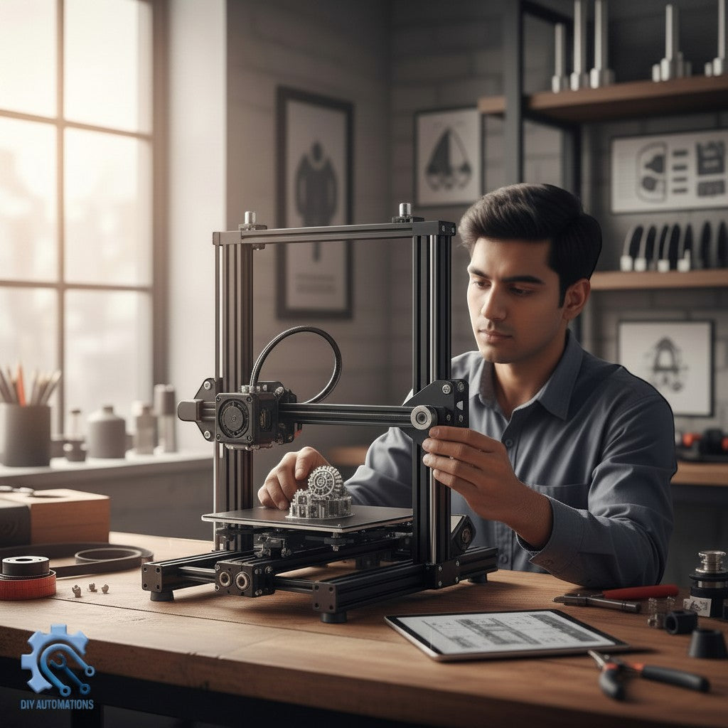 DIY Automations black 3D printer with a man adjusting the extruder, printing a grey gear.