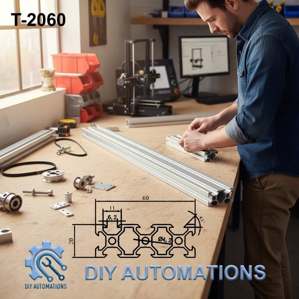DIY Automations T-2060 aluminum extrusion profile with T-slot design for building frames and machinery.