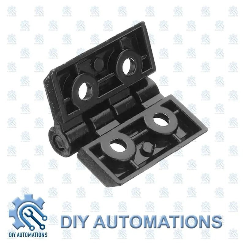 DIY Automations black 40x40 extrusion hinge with two mounting holes on each flap.