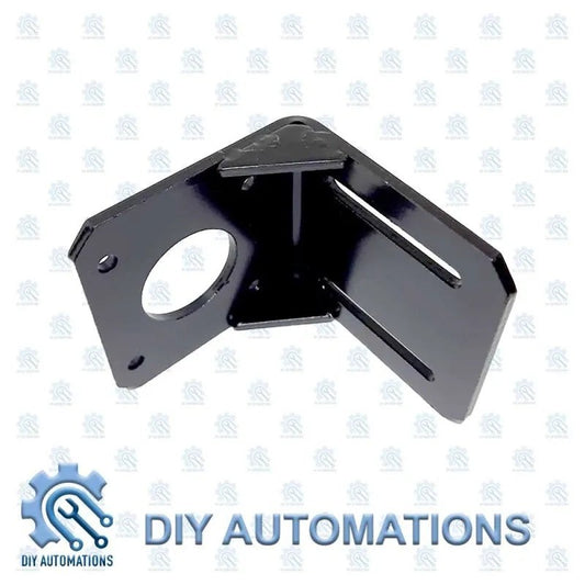 DIY Automations black L-type stepper motor mount for Nema 17 motors, with mounting holes and slots.