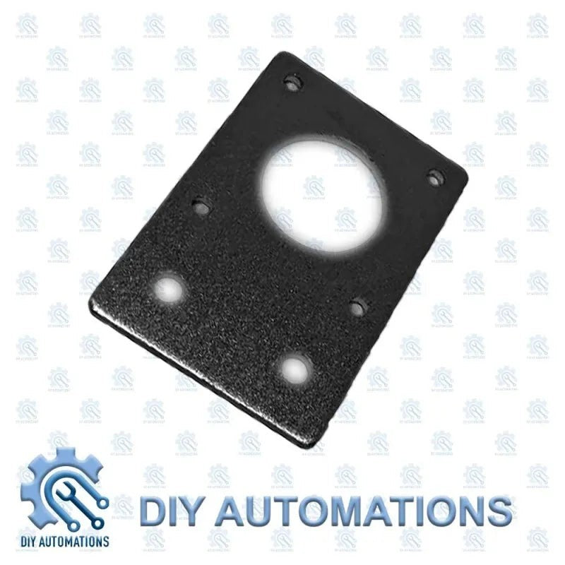 DIY Automations black metal straight stepper motor mount with four screw holes and a central circular cutout.