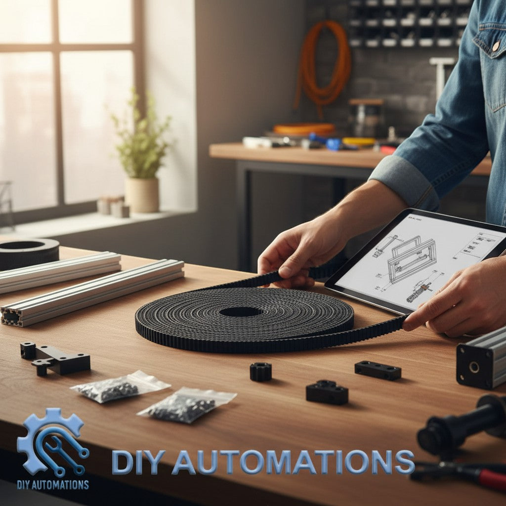 DIY Automations black 10mm GT2 wire timing belt for automation systems, 3D printers, and CNC machines.