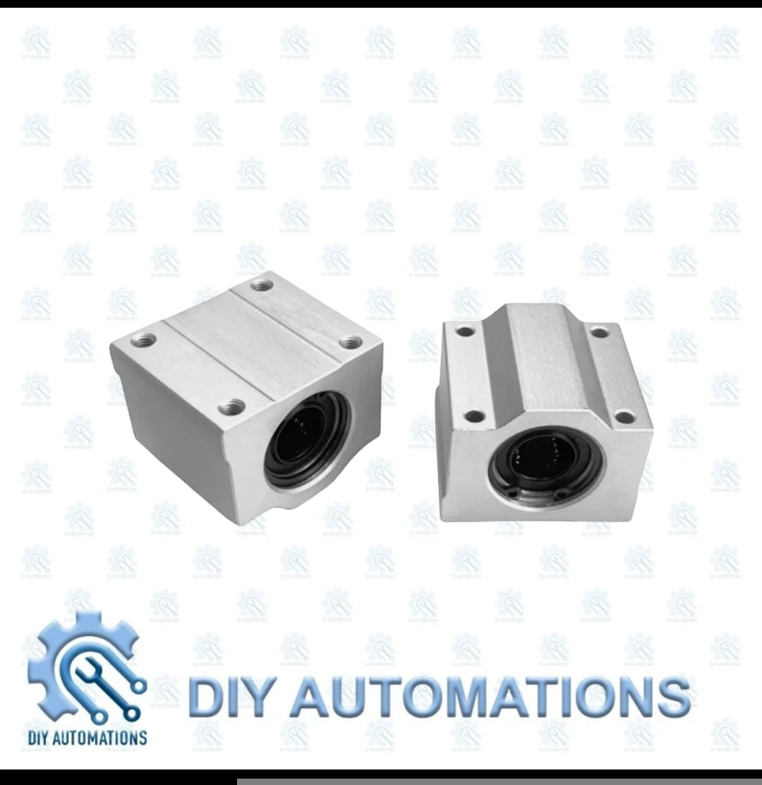 DIY Automations SC 35UU linear block bearing, silver aluminum housing with black bearing insert, for linear motion systems.