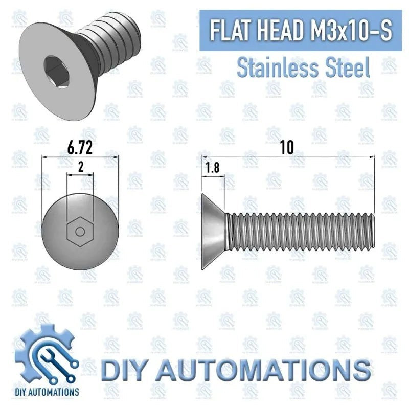 DIY Automations M3x10 silver stainless steel flat head countersunk screw with hex socket drive.