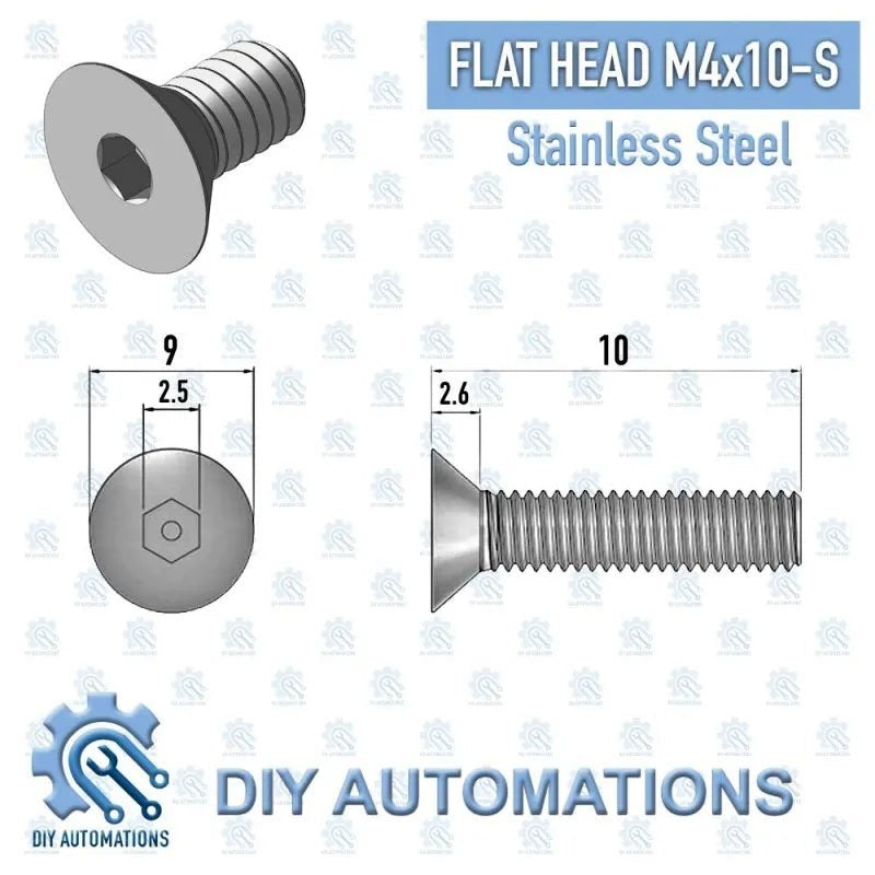 DIY Automations M4x10 silver stainless steel flat head countersunk screw with hex socket drive.