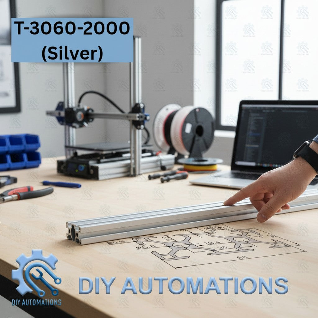 DIY Automations silver aluminum extrusion profile with T-slot design for custom frames and projects.