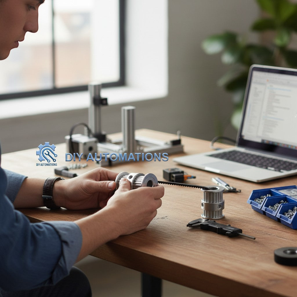 DIY Automations silver 6mm double pulley with 20 teeth and 5mm bore, part of a GT2 belt system.