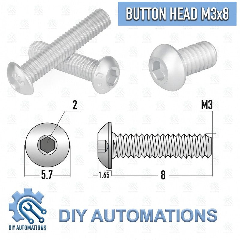 DIY AUTOMATIONS silver M3x8 button head socket screw with hex drive.