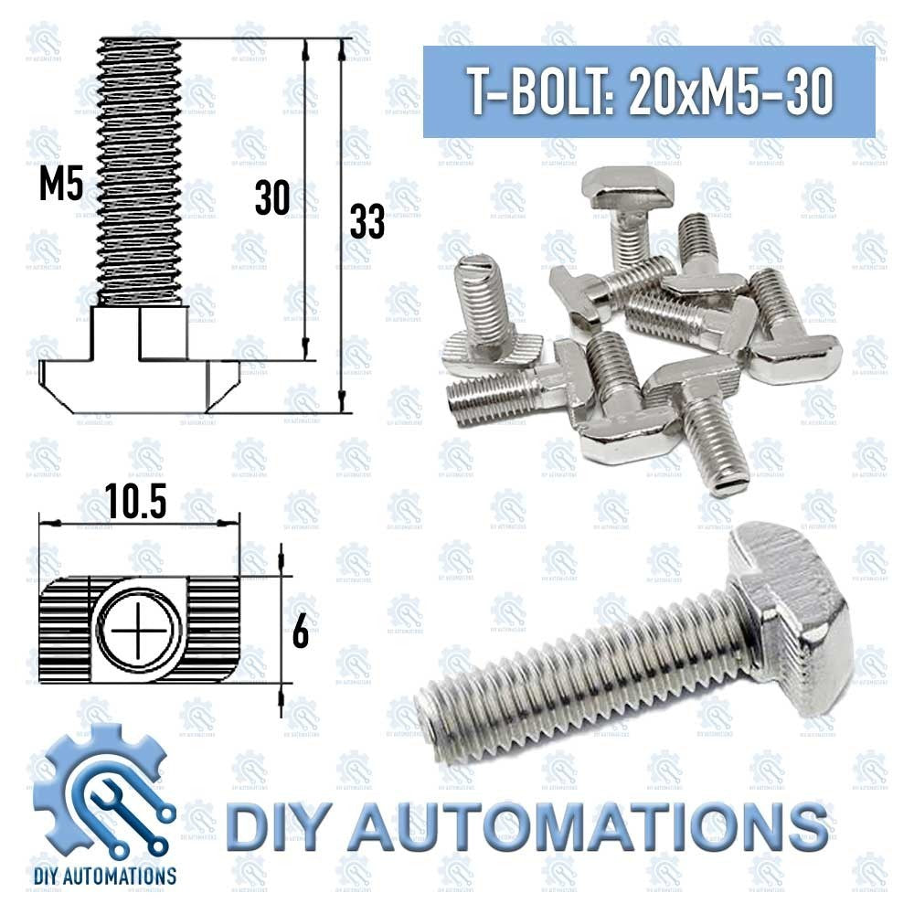 DIY Automations T-Bolt M5-30, stainless steel, with detailed dimensions shown in diagrams.