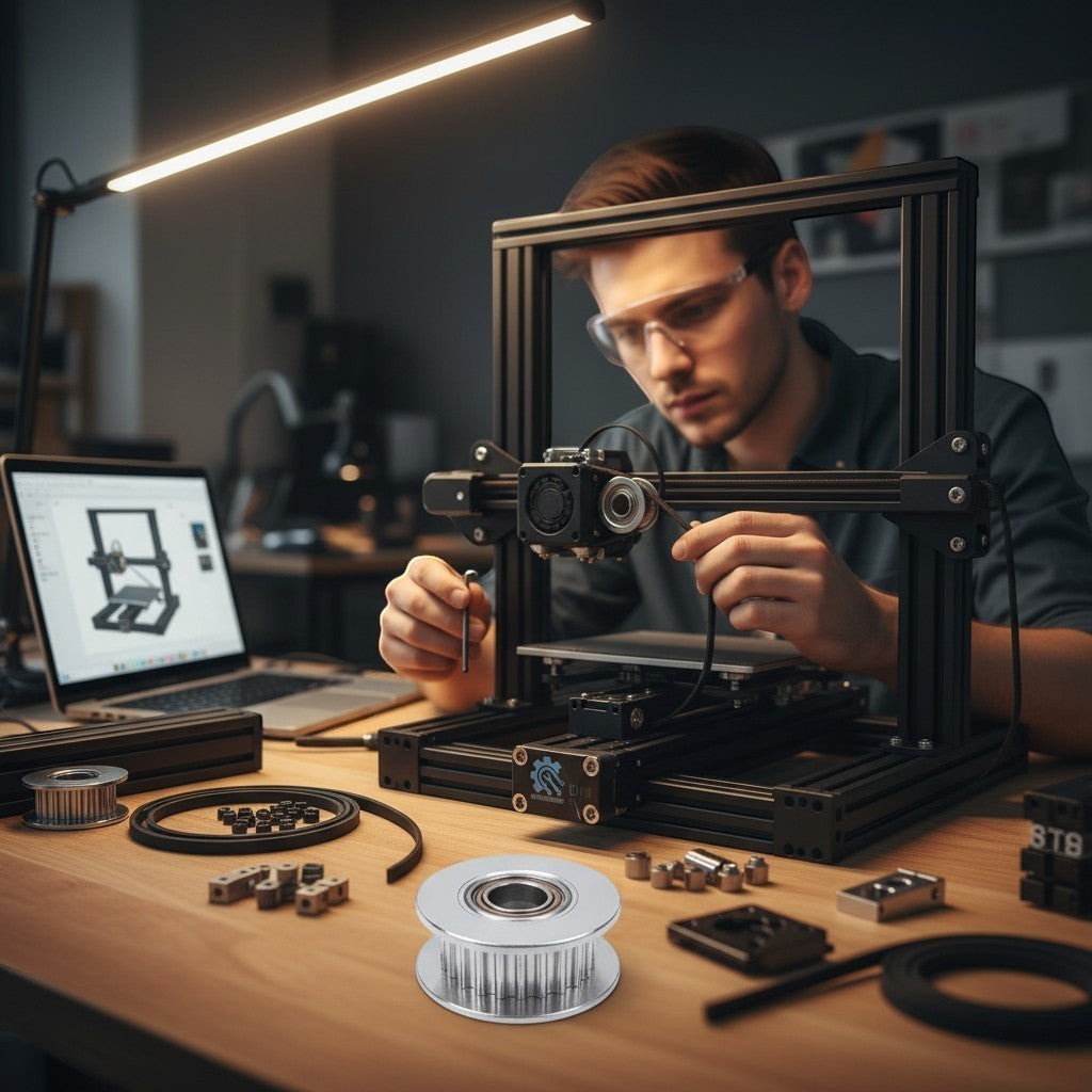 DIY AUTOMATIONSH silver aluminum 20-tooth GT2 timing pulley with bearing for 6mm belts, used in 3D printers and CNC machines.