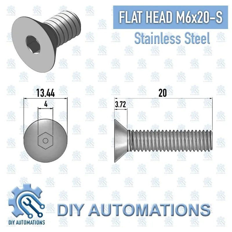 DIY Automations M6x20 silver stainless steel flat head countersunk screw with hex socket drive.