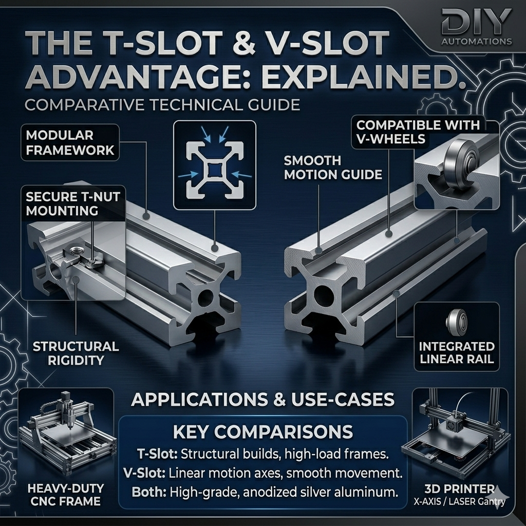 Technical infographic comparison by DIY Automations explaining the structural differences, applications, and advantages of 2020 T-Slot versus 2020 V-Slot aluminum extrusion profiles for CNC machines and 3D printer builds.