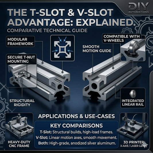 Technical infographic comparison by DIY Automations explaining the structural differences, applications, and advantages of 2020 T-Slot versus 2020 V-Slot aluminum extrusion profiles for CNC machines and 3D printer builds.