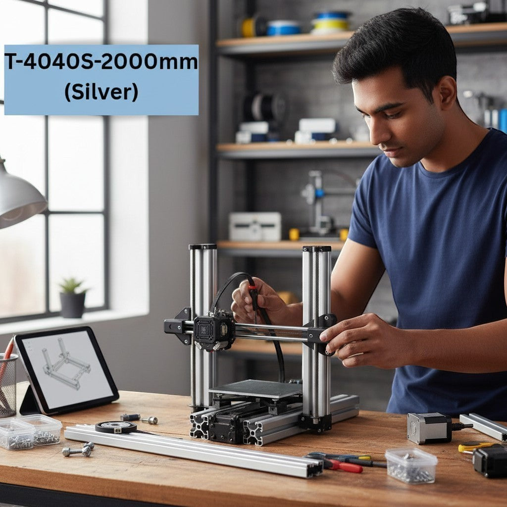 DIY AUTOMATIONSH aluminum extrusion profile, silver, 40x40mm T-slot, used in 3D printer build.