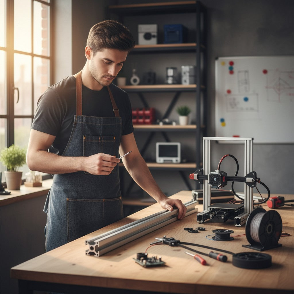 DIY AUTOMATIONSH man assembling a 3D printer with silver aluminum extrusion profiles and tools on a workbench.