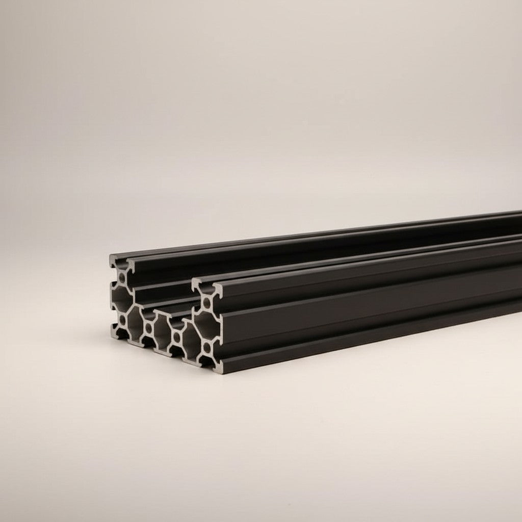 DIY AUTOMATIONSH black aluminum extrusion profile with T-slot design for automation projects, 2000mm length.