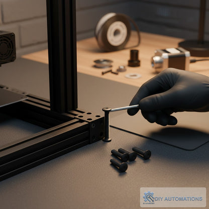 DIY Automations black M8x30 flat head counter sink screw being inserted into aluminum extrusion frame.